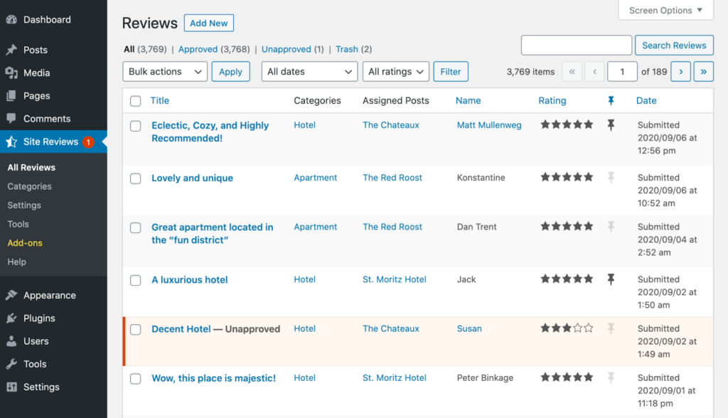 Site Reviews dashboard