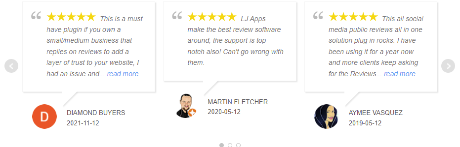 An example of WP Review Slider Pro’s reviews shown in a slider format