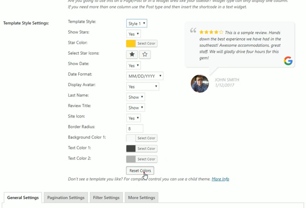 Customizing review templates by changing their colors, text, and display options