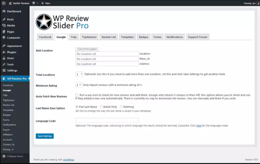 WP Review Slider Pro Google API