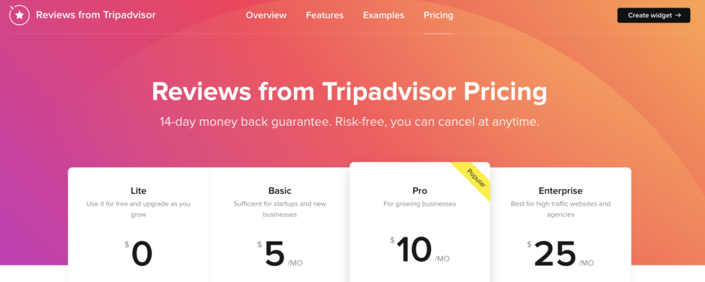 Screenshot of WordPress Tripadvisor Reviews plugin by Elfsight pricing plans