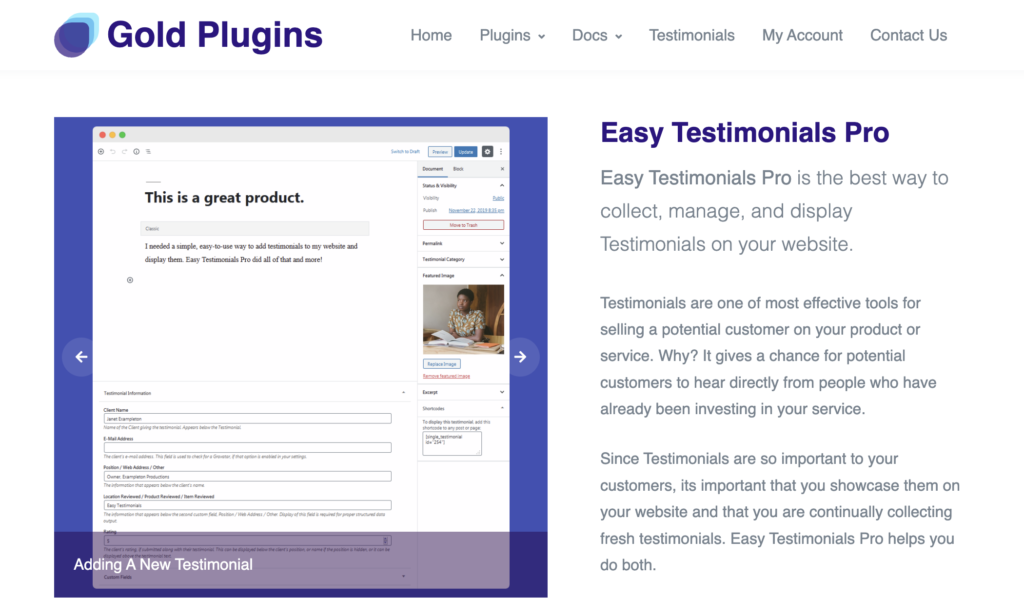 Easy Testimonials home page text and box to add a testimonial