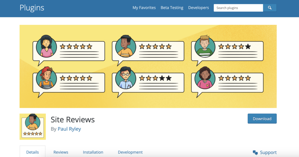 Site Reviews home page text and star rating icons