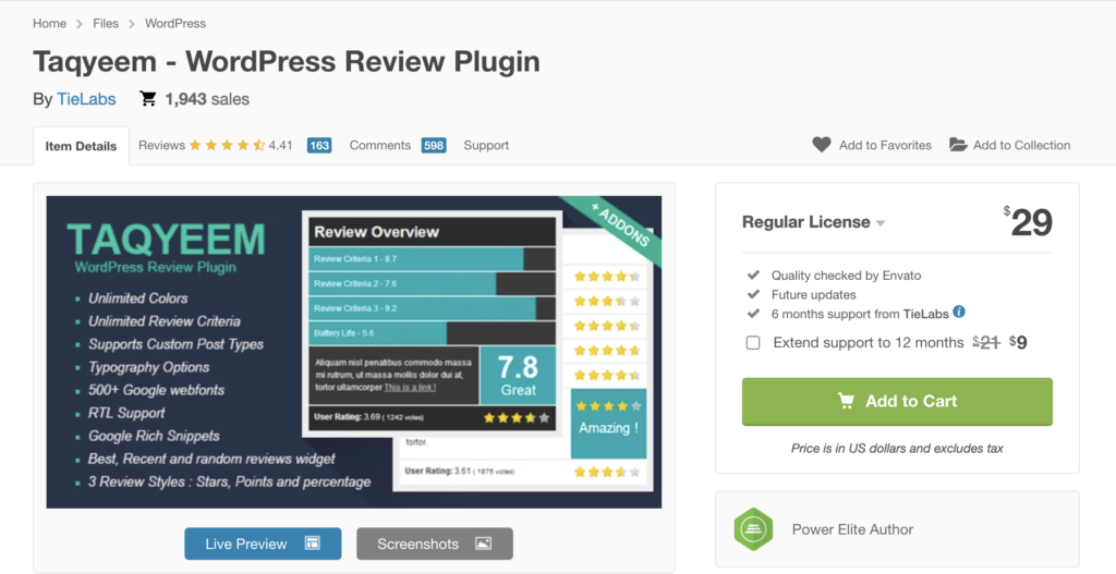 Taqyeem WordPress review plugin home page text (features and pricing)