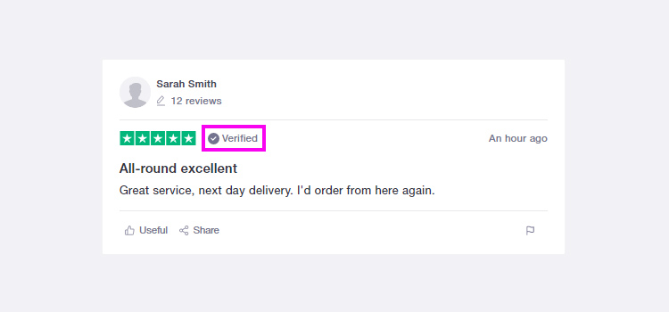 TrustPilot showing a testimonial or review as Verified using a badge