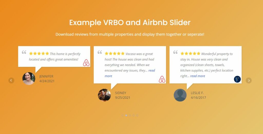 Showing Airbnb reviews using the WP Review Slider Pro plugin