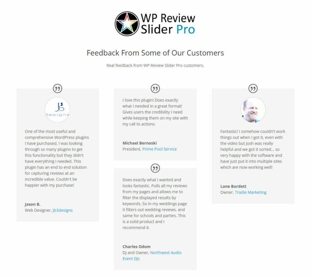 Showing real testimonials from satisfied customers that have used the WP Review Slider Pro
