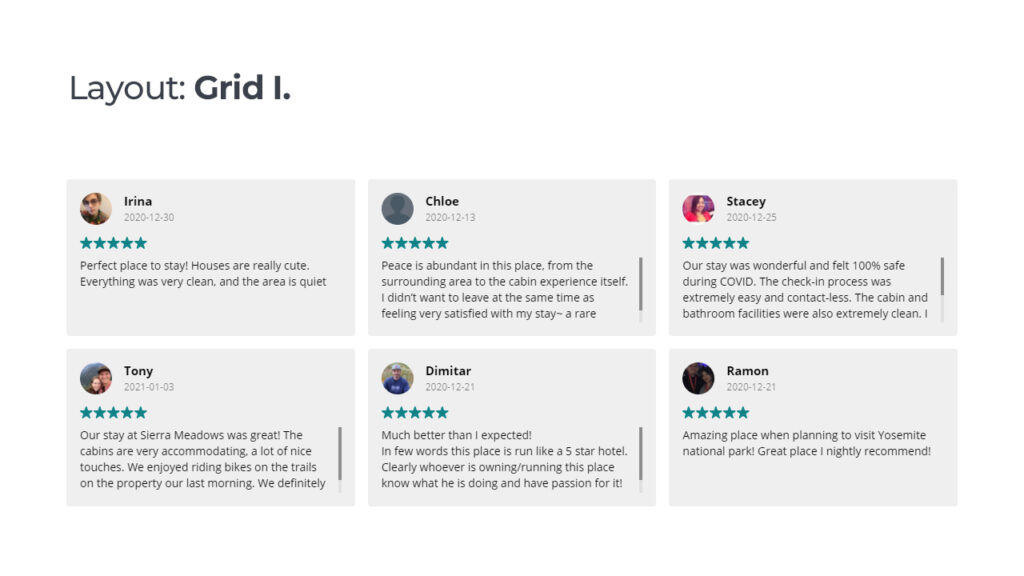 A preview of testimonials created using the Widgets for Airbnb Reviews plugin.