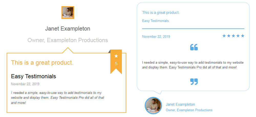 Two of Easy Testimonial’s themes for showcasing reviews on-site.