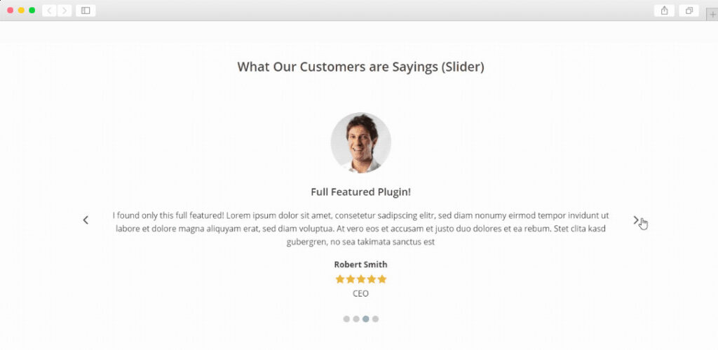 A testimonial slider created using the Real Testimonials plugin. 