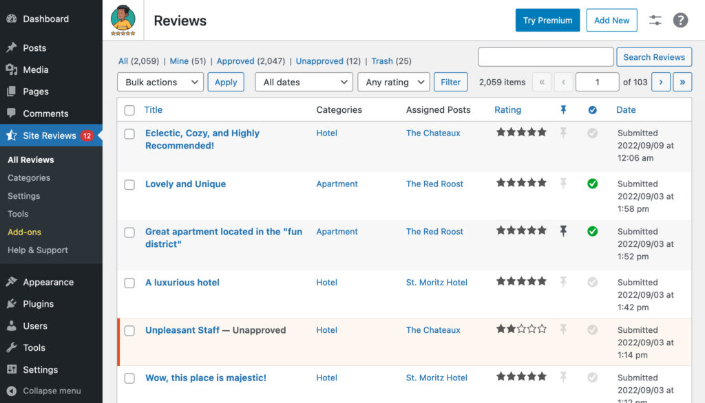 The admin dashboard for the Site Reviews WordPress plugin