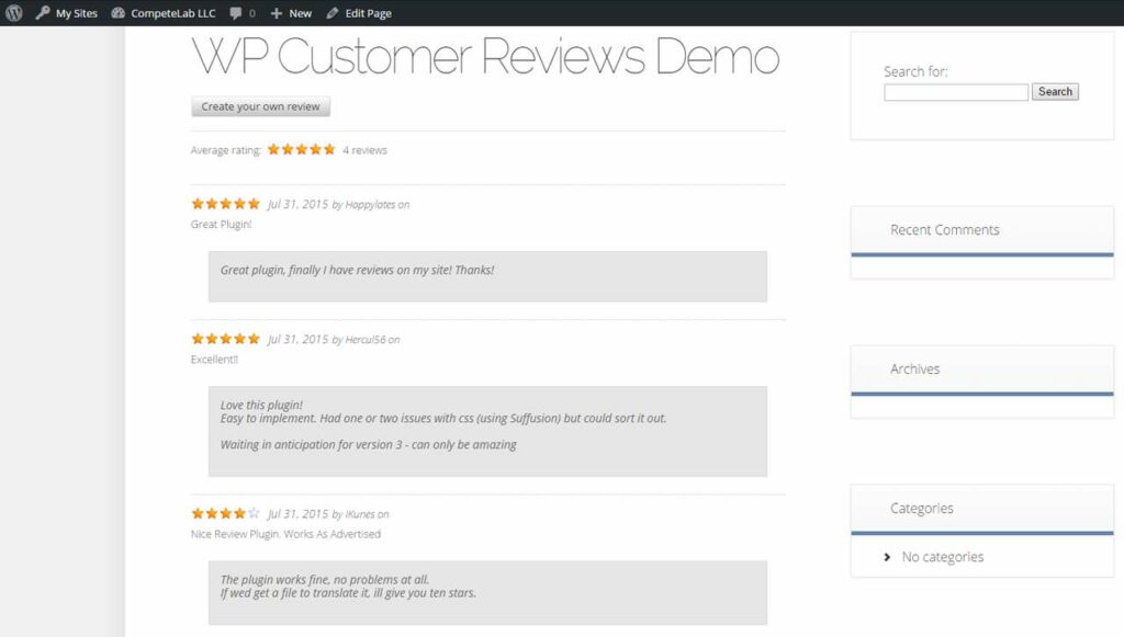 Browning and adding testimonials using the WP Customer Review plugin.