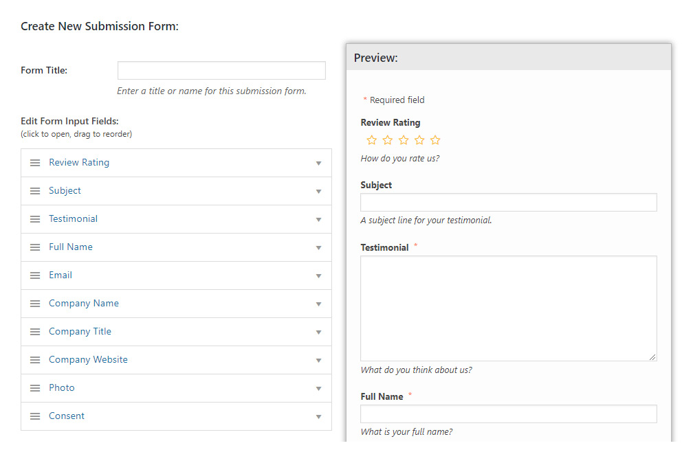 WP Review Slider Pro’s submission form tools, where you can choose all fields.