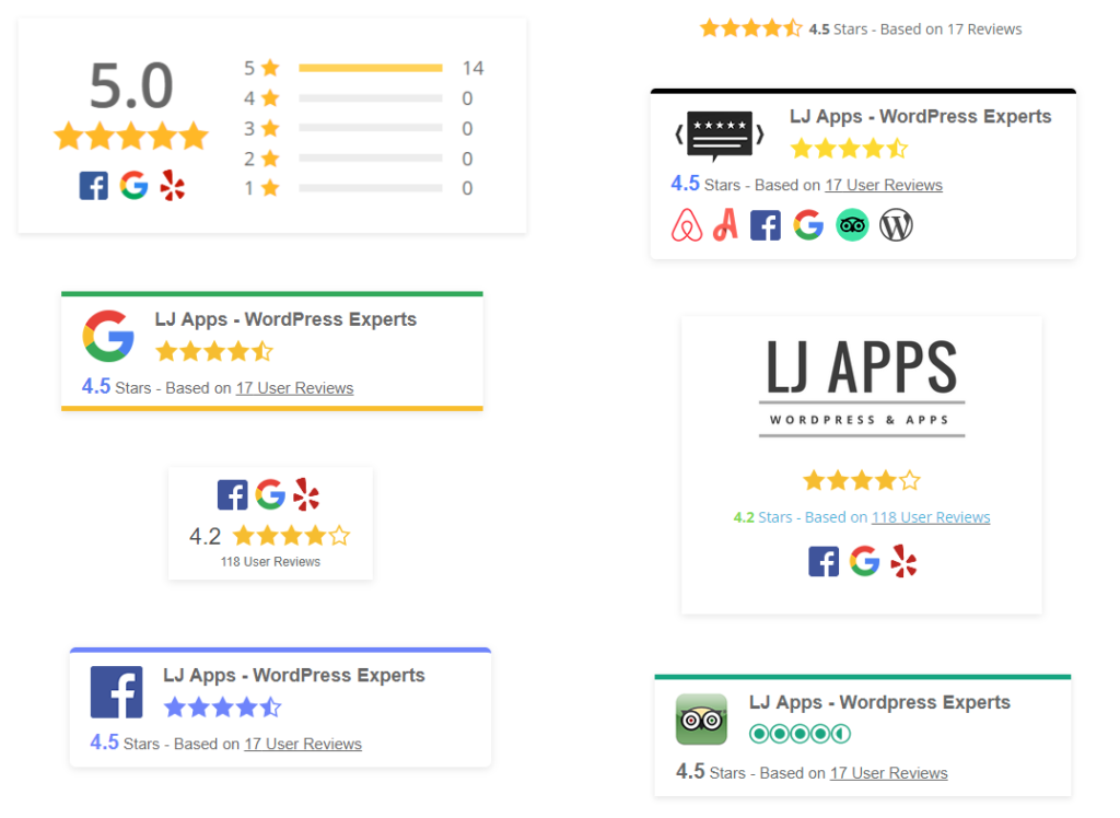 The different review summary badges you can use as part of the WP Review Slider Pro plugin