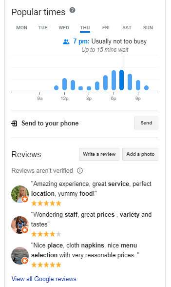 To share a link so others can review your business, Google it and locate the Write a Review button within your Google account (source: Screenshot from Google)