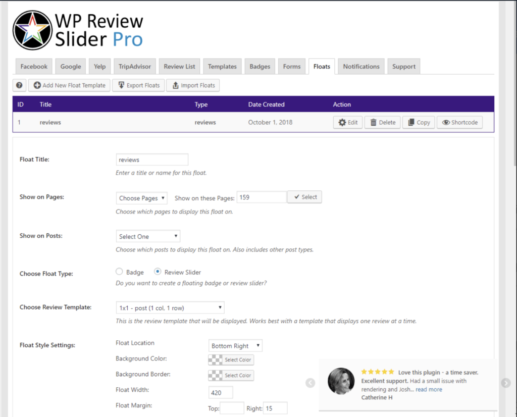 WP Review Slider Pro floating badges.
