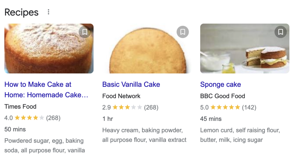 Google Search results for a cake recipe.