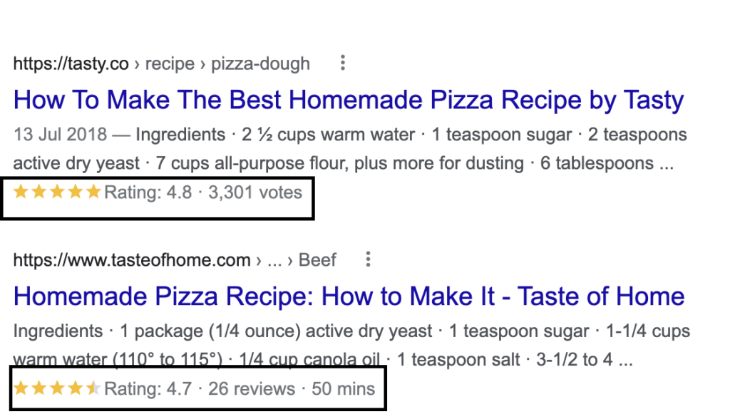 Search results showing rich snippets.
