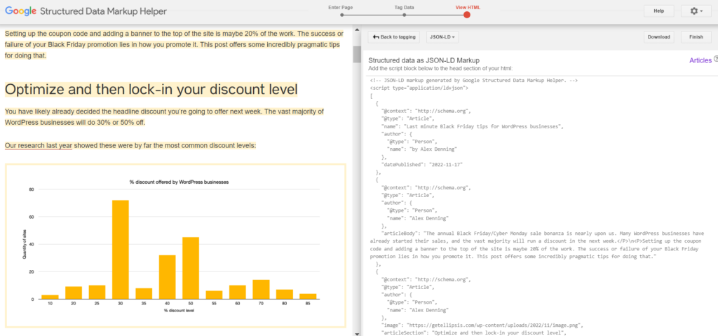 Viewing the structured data as JSON-LD markup
