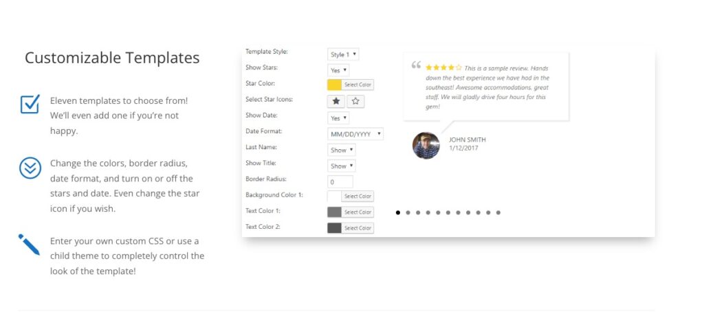 Customizable templates for reviews with WP Review Slider Pro.