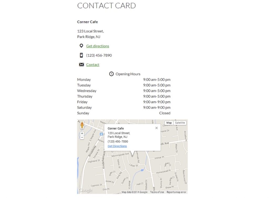 Five Star Business Profile and Schema allows you to create a business contact card.