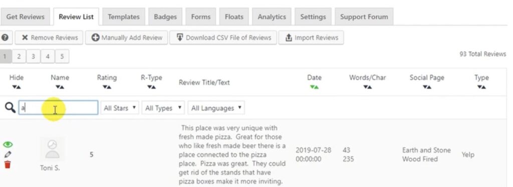 WP Review Slider Pro allows you to easily filter between different reviews by product ratings, types, and languages.
