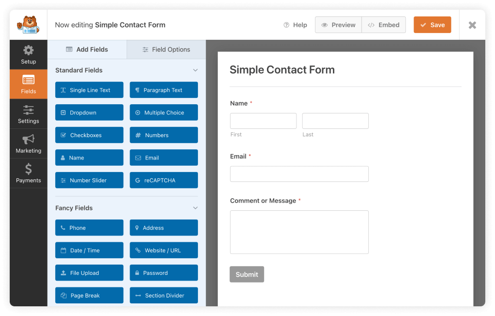 WP Forms contact form creation.