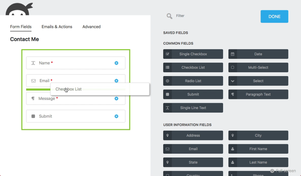 Ninja Forms contact form creation.