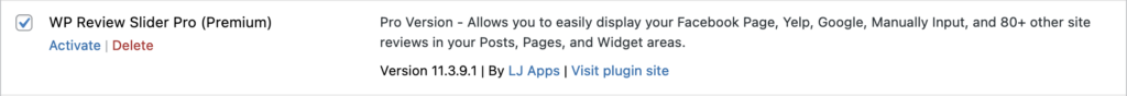 Activating the WP Review Slider Pro plugin from the WP Admin dashboard