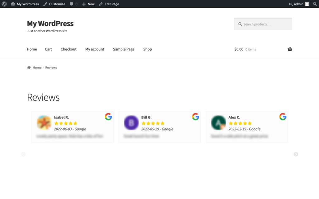 Reviews displayed directly on the website using WP Review Slider pro
