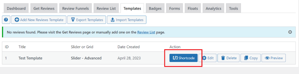 Copy shortcode and embed on page to display review block