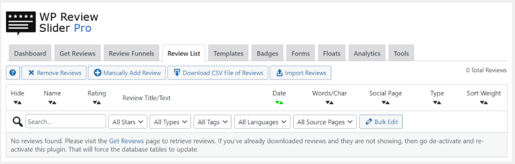 Review list page of WP Review Slider Pro