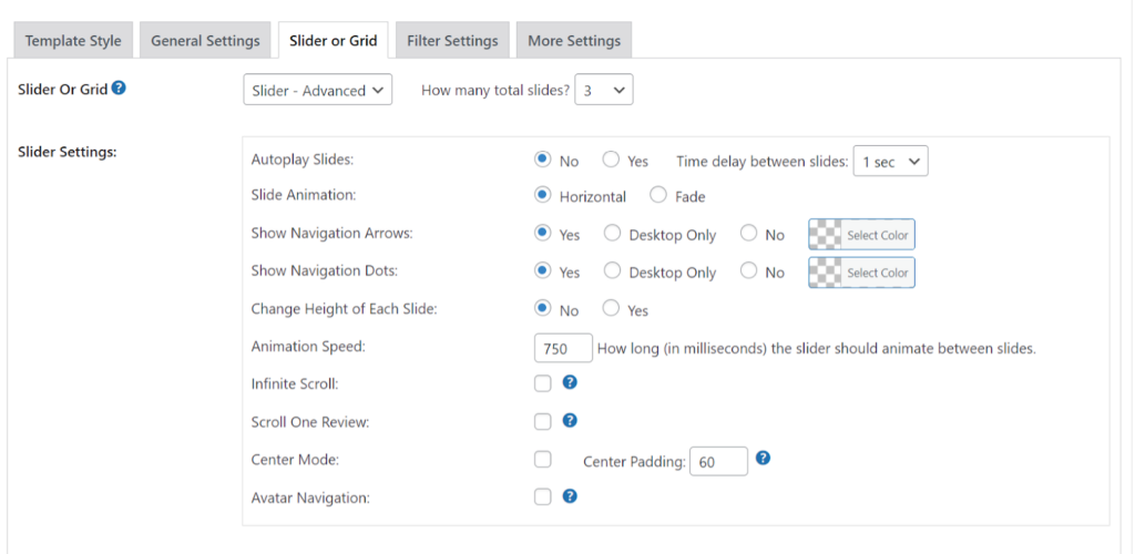 Display reviews in slider or grid format