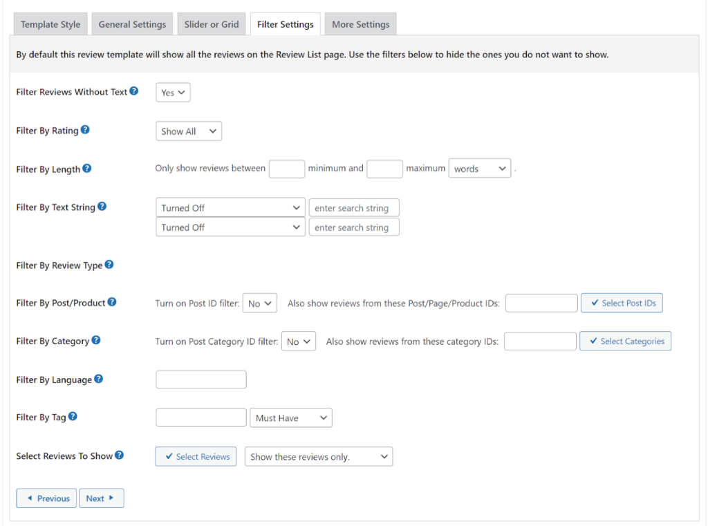 Add additional settings in the Filter Settings tab