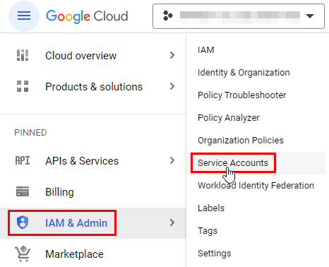 Navigating to the service account in the Google Cloud Console.
