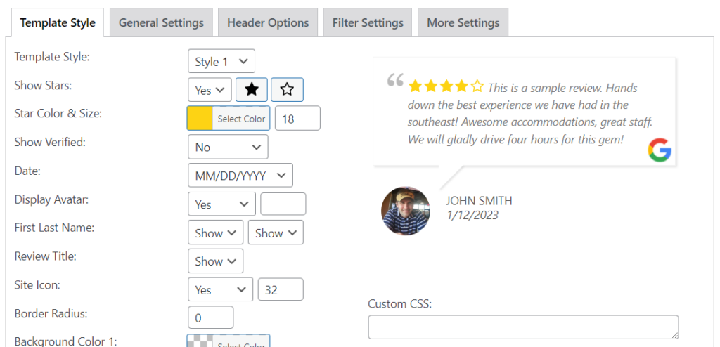 Customizing a reviews template using WP Review Slider Pro.