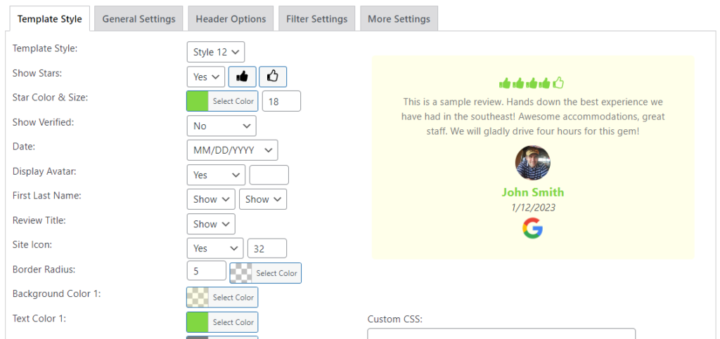Customizing a reviews template and changing the star icon using WP Review Slider Pro.