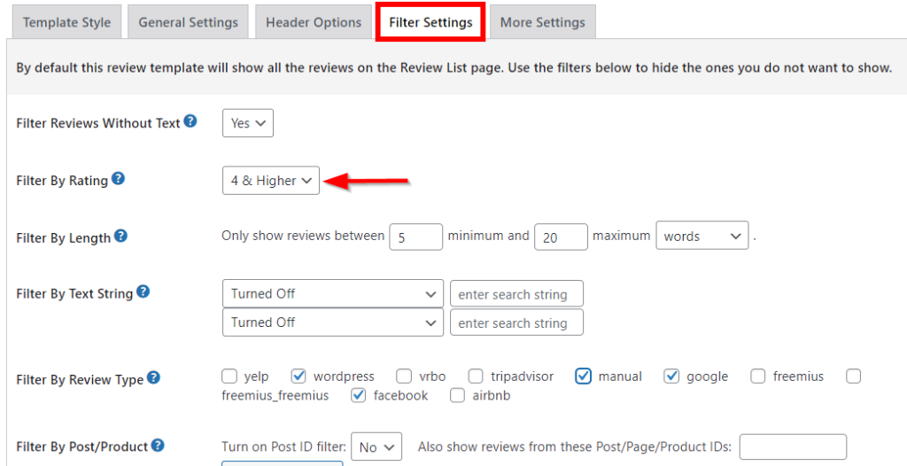 Configuring filter settings to specify which reviews to display using WPRSP.
