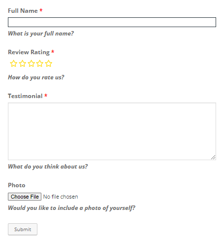 A customized frontend review submission form created using WPRSP.
