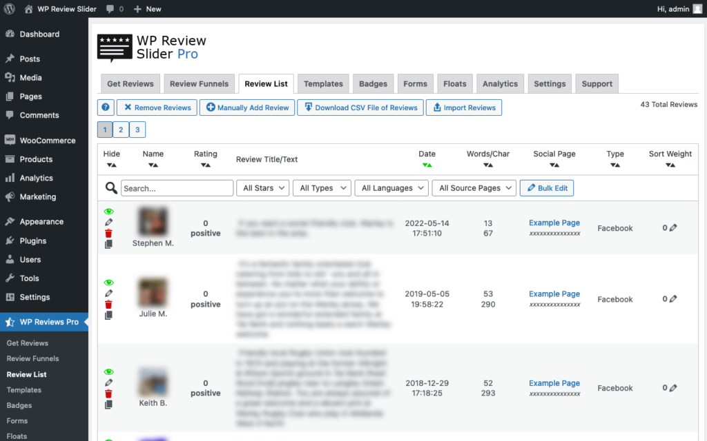 WP Review Slider Pro reviews dashboard