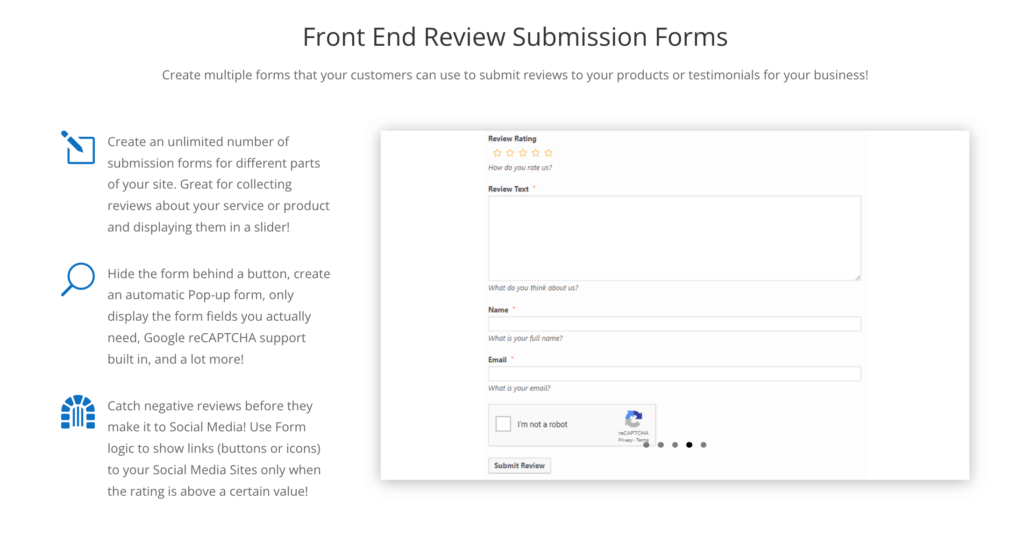 WP Review Slider Pro feedback form feature