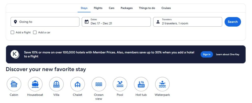 Expedia lets you choose where you would like to stay and what kind of stay you want
