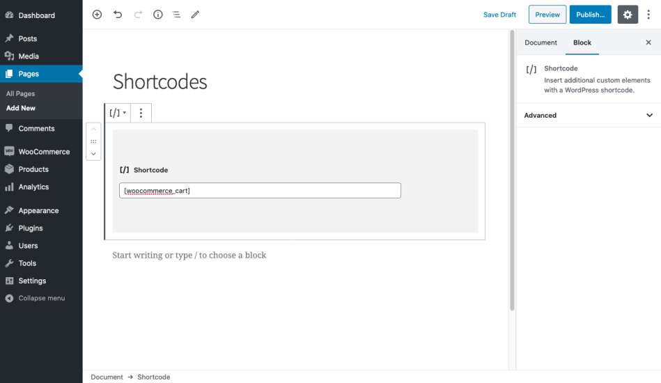 WooCommerce block editor shortcode