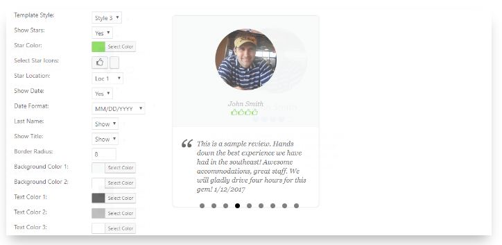 Using green thumb-ups, a background, and a large profile picture for your reviews