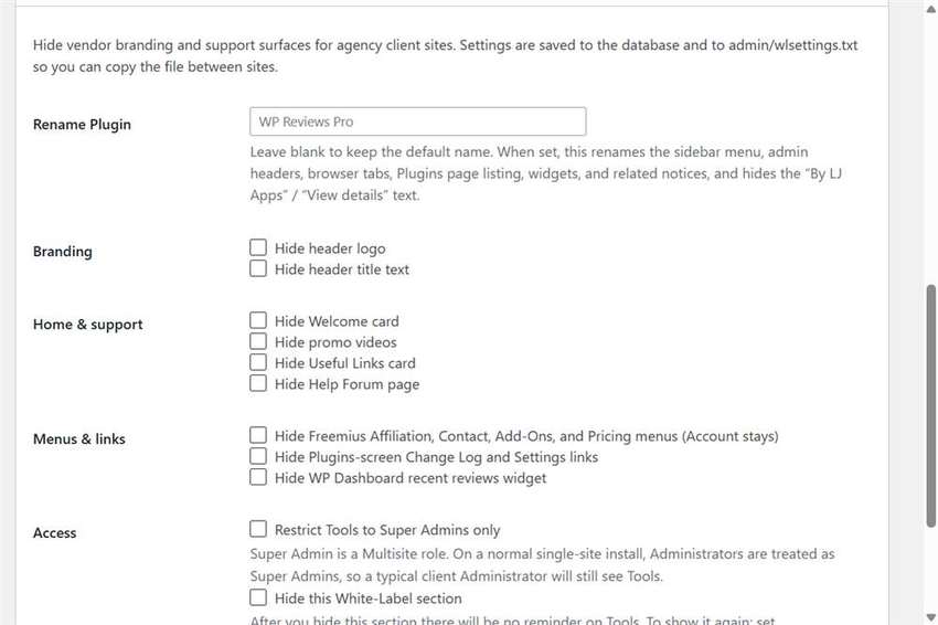 Agency White-Label settings including rename plugin, branding, home and support, menus, and access