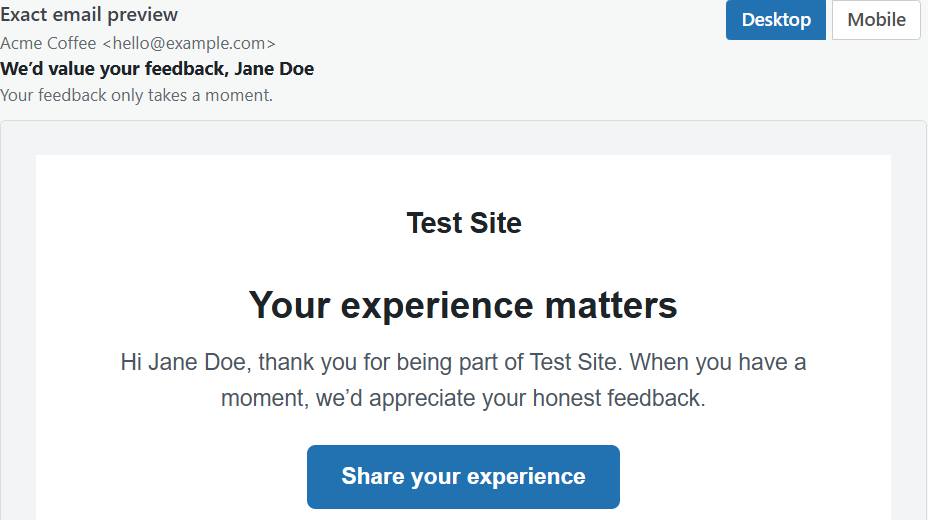 Exact email preview of a branded WP Review Slider Pro autoresponder review request