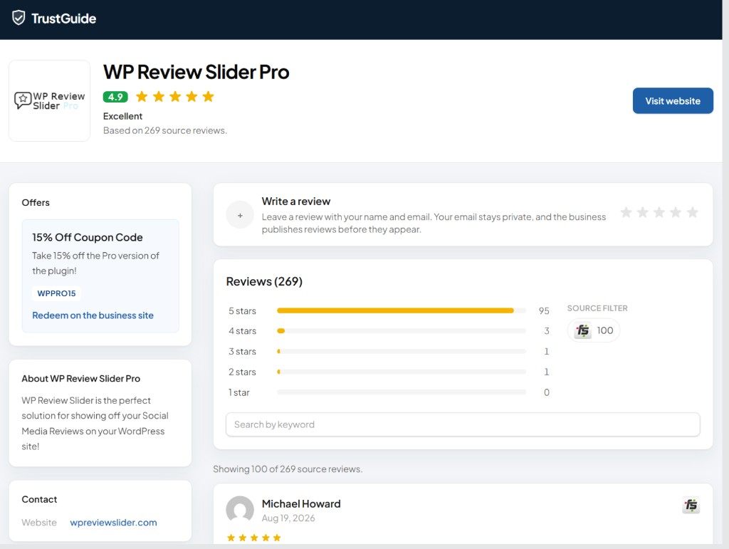 TrustGuide public profile showing a 4.9 rating, 269 reviews, coupon offer, and source filter